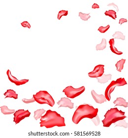 Abstract background with flying red rose petals on white background. Vector illustration 