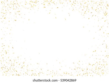 Abstract background with flying subtle golden gradient confetti. Vector illustration isolated on white background. Blank holiday template.