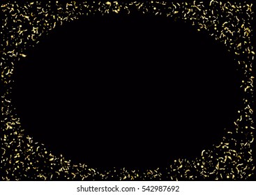 Abstract background with flying subtle golden gradient confetti. Vector illustration isolated on black background. Blank holiday template.