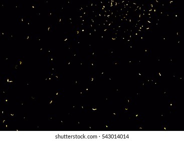 Abstract background with flying subtle golden gradient confetti. Vector illustration isolated on black background. Blank holiday template.
