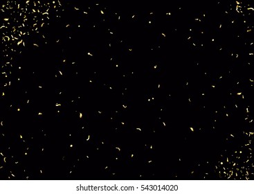 Abstract background with flying subtle golden gradient confetti. Vector illustration isolated on black background. Blank holiday template.
