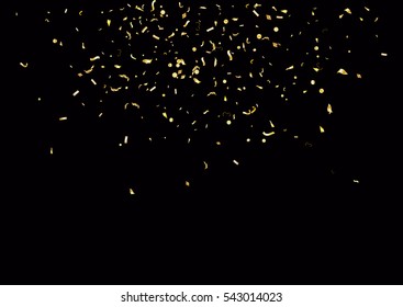 Abstract background with flying subtle golden gradient confetti. Vector illustration isolated on black background. Blank holiday template.