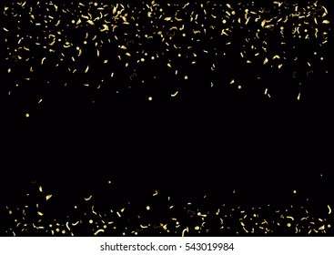 Abstract background with flying subtle golden gradient confetti. Vector illustration isolated on black background. Blank holiday template.