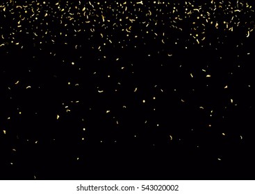 Abstract background with flying subtle golden gradient confetti. Vector illustration isolated on black background. Blank holiday template.