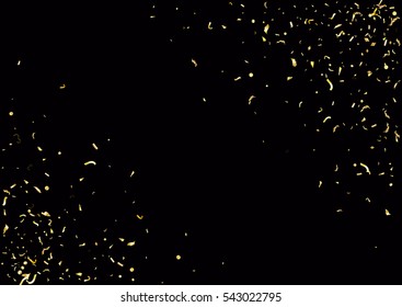 Abstract background with flying subtle golden gradient confetti. Vector illustration isolated on black background. Blank holiday template.