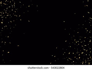 Abstract background with flying subtle golden gradient confetti. Vector illustration isolated on black background. Blank holiday template.