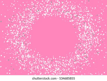 Abstract background with flying white heart shaped confetti. Vector illustration on pink background. Blank Valentines Day holiday template.