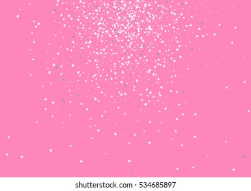 Abstract background with flying white heart shaped confetti. Vector illustration on pink background. Blank Valentines Day holiday template.