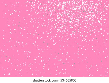 Abstract background with flying white heart shaped confetti. Vector illustration on pink background. Blank Valentines Day holiday template.