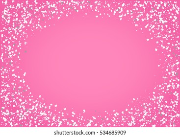 Abstract background with flying white heart shaped confetti. Vector illustration on pink background. Blank Valentines Day holiday template.