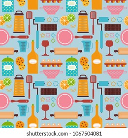 abstract background from food icons, kitchen equipment, pattern, seamless texture, bakery vector set 