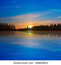 abstract background with forest lake pink clouds and sunrise