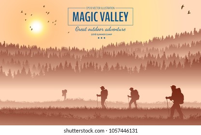 Abstract background. Forest wilderness landscape. People with backpacks silhouettes. Template for your design works. Hand drawn vector illustration.