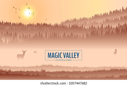 Abstract background. Forest wilderness landscape. Deer family silhouettes. Template for your design works. Hand drawn vector illustration.