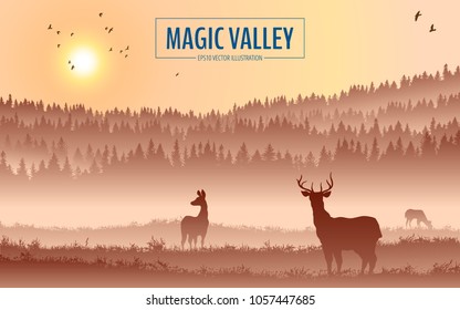 Abstract background. Forest wilderness landscape. Deer family silhouettes. Template for your design works. Hand drawn vector illustration.