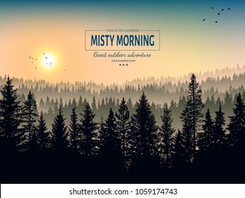 Abstract background. Forest wilderness landscape. Misty morning. Trees in tne fog. Template for your design works. Hand drawn vector illustration.