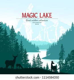 Abstract background. Forest wilderness landscape. Deer family silhouttes. Template for your design works. Vector illustration.