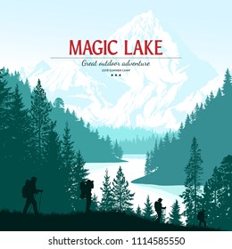 Abstract background. Forest wilderness landscape. People with backpacks silhouettes. Template for your design works. Vector illustration.