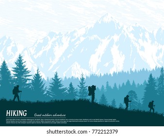 Abstract background. Forest wilderness landscape. People with backpacks silhouettes. Template for your design works. Hand drawn vector illustration.