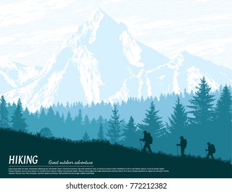 Abstrakter Hintergrund. Waldwildlandschaft. Menschen mit Rucksäcken Silhouetten. Vorlage für Ihr Design funktioniert. Handgezeichnete Vektorgrafik.