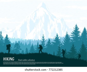 Abstract background. Forest wilderness landscape. People with backpacks silhouettes. Template for your design works. Hand drawn vector illustration.