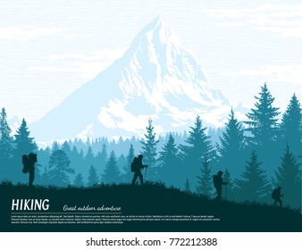 Abstract background. Forest wilderness landscape. People with backpacks silhouettes. Template for your design works. Hand drawn vector illustration.