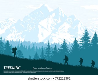 Abstract background. Forest wilderness landscape. People with backpacks silhouettes. Template for your design works. Hand drawn vector illustration.