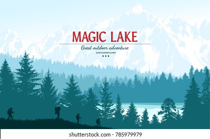  Abstrakter Hintergrund. Waldwildlandschaft. Menschen mit Rucksäcken Silhouetten. Vorlage für Ihr Design funktioniert. Handgezeichnete Vektorillustration.