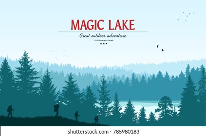 Abstract background. Forest wilderness landscape. People with backpacks silhouettes. Template for your design works. Hand drawn vector illustration.