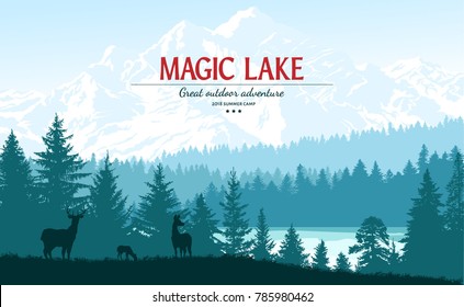 Abstract background. Forest wilderness landscape. Deer family silhouettes. Template for your design works. Hand drawn vector illustration.