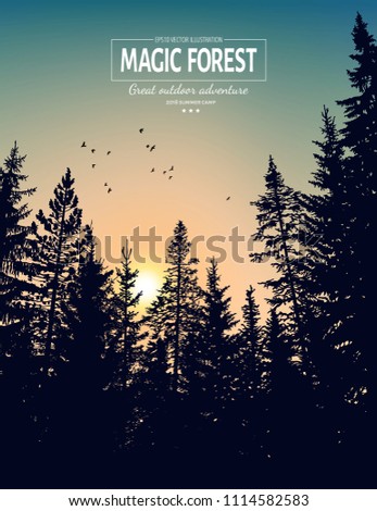Abstract background. Forest wilderness landscape. Pine tree silhouettes. Template for your design works. Vector illustration.
