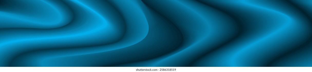 abstract background in the form of a horizontal decorative panel with a gradient effect. The background is blue with a touch of sea wave, wavy silk pattern.  feeling of depth and volume.