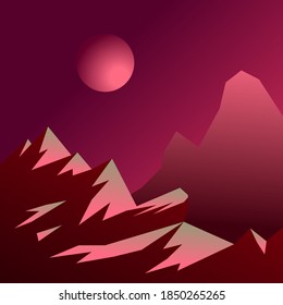 
abstract background in the form of mountains and planets in space above mountains in red tones