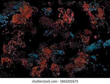 Abstract background. Fragment of a work of art. Paint strokes of brick red and blue on a black background. Colorful texture. Abstract composition for design elements