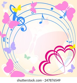 abstract background frame with heart notes and butterfly, retro, vector illustration