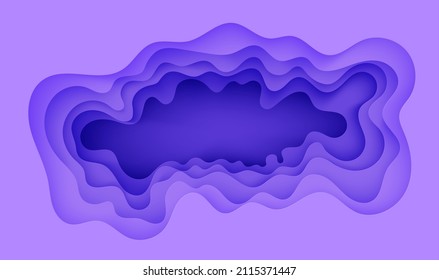 Abstract background with frame in paper cut style. 3d violet and purple colors waves with smooth shadow. Vector card illustration with layered curved line shape. Rectangular composition papercut art
