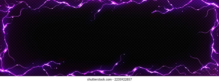 Abstract background with frame of purple lightnings. Poster template with border of electric thunderbolt strikes isolated on dark transparent background, vector realistic illustration