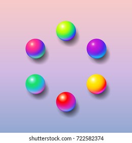 Abstract background frame with shiny memphis acid colored balls over pink and blue backdrop