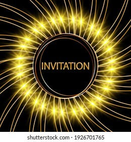 Abstract background frame with smooth golden lines and bright glowing rays on a black background, design element