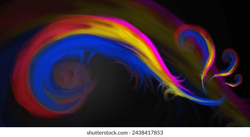 abstract background full of colorful swirl paint brushes on a black background