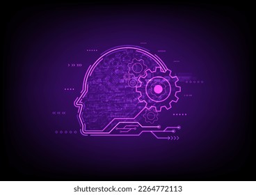 abstract background future technology artificial intelligence robot learning imagination It has a bright face and cogs. Hi-tech pattern inside Elements and circuits on a bright purple background