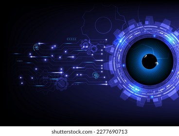 abstract background future technology innovation Blue glowing eyes with Electronic circuit gears with bright dots and elements on a gradient background