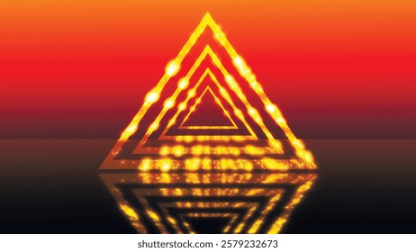 Abstract background in futuristic corridor with golden triangles. Bright geometric texture in triangle shape for background design. Vector illustration.