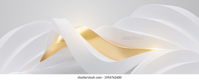 Abstract background with futuristic curvy landscape. Vector 3d illustration. White and golden wavy shapes. Undulating relief. Architectural abstraction. Minimal decoration for banner or cover design.