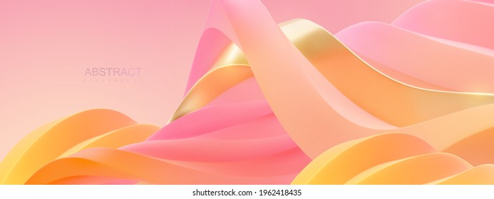 Abstrakter Hintergrund mit futuristischer, kurviger Landschaft. Vektorgrafik 3D. Weich rosa, orange und goldgelbe Formen. Entspannung. Architektonische Abstraktion. Minimale Dekoration für Deckendesign.