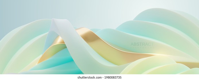 Abstrakter Hintergrund mit futuristischer, kurviger Landschaft. Vektorgrafik 3D. Delikate grüne Minze und goldene Formen. Entspannung. Minimale Dekoration für Banner oder Deckendesign.