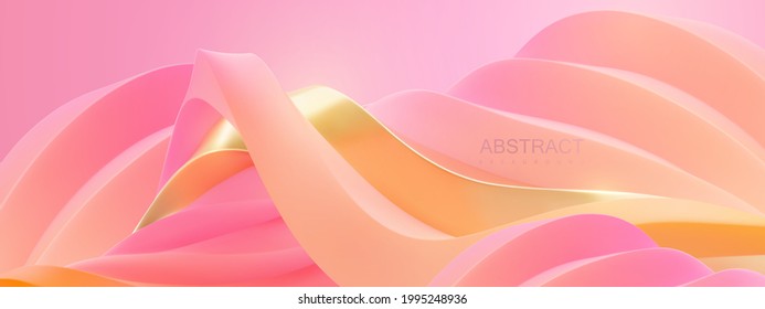 Abstract background with futuristic curvy shape. Vector 3d illustration. Pastel pink and golden wavy shapes. Undulating relief. Architectural abstraction. Minimal decoration for banner or cover design