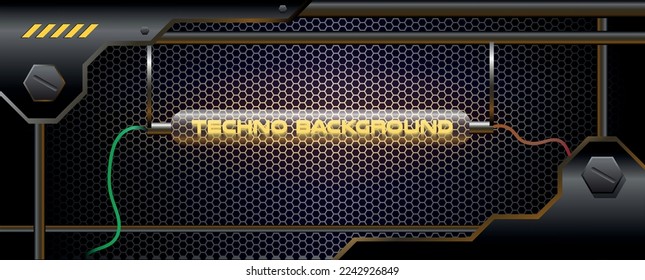 Abstract background with futuristic sci-fi industrial mechanism, cathode ray tube, wires and stainless steel metal grid. Glowing text: techno background. Vector illustration