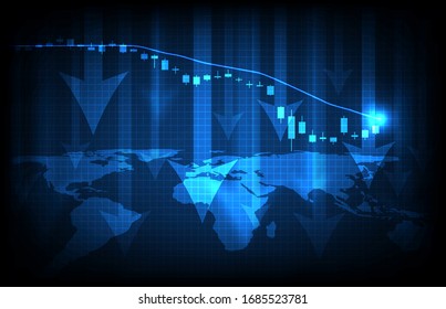 fondo abstracto de la tecnología futurista mapas del mundo azul y gráfico de crisis económica en el mercado de valores