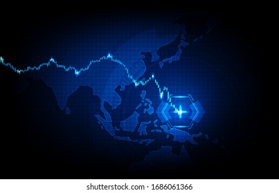 Abstract Background Of Futuristic Technology Blue Asia Pacific Maps And Economy Crisis Down Stock Market Graph